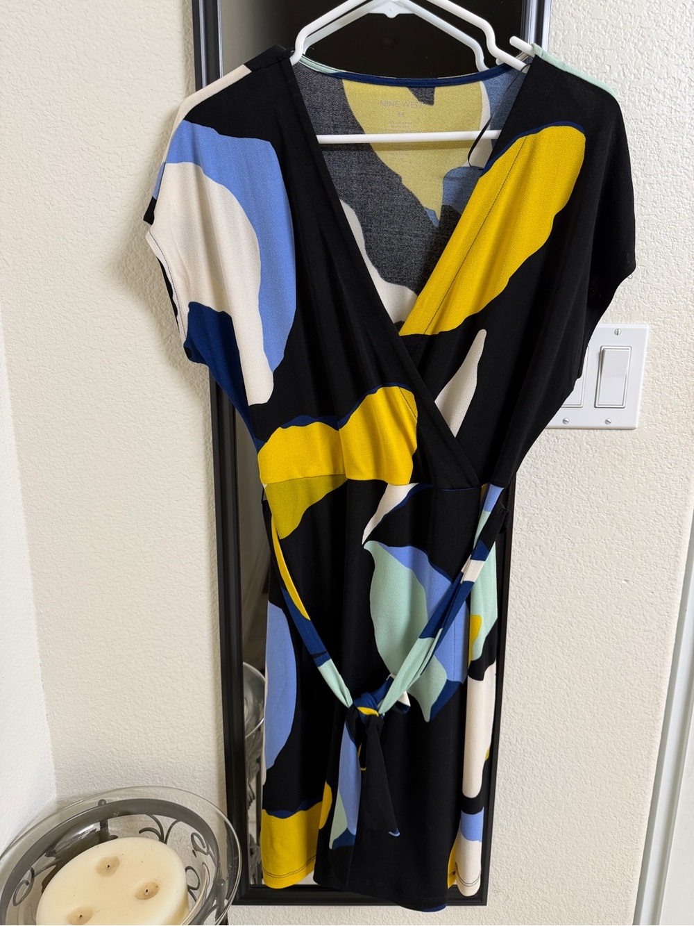 Nine West Black Wrap Dress with Yellow, Blue & Cream Abstract Print